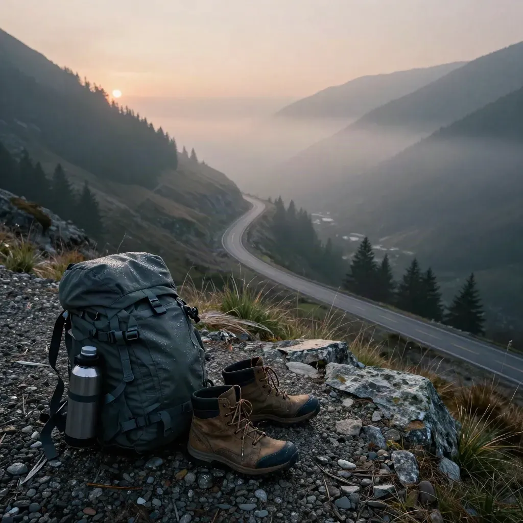 Foggy mountain overlook at dawn with boots, daypack and bottle beside a winding valley road.