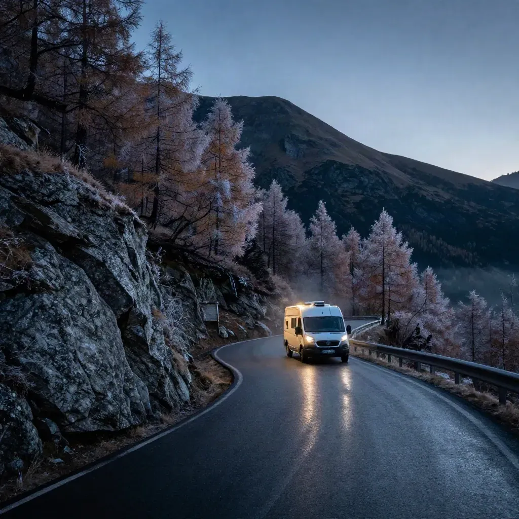 Blue-hour alpine switchback road with a camper van, larch trees, and wet tarmac