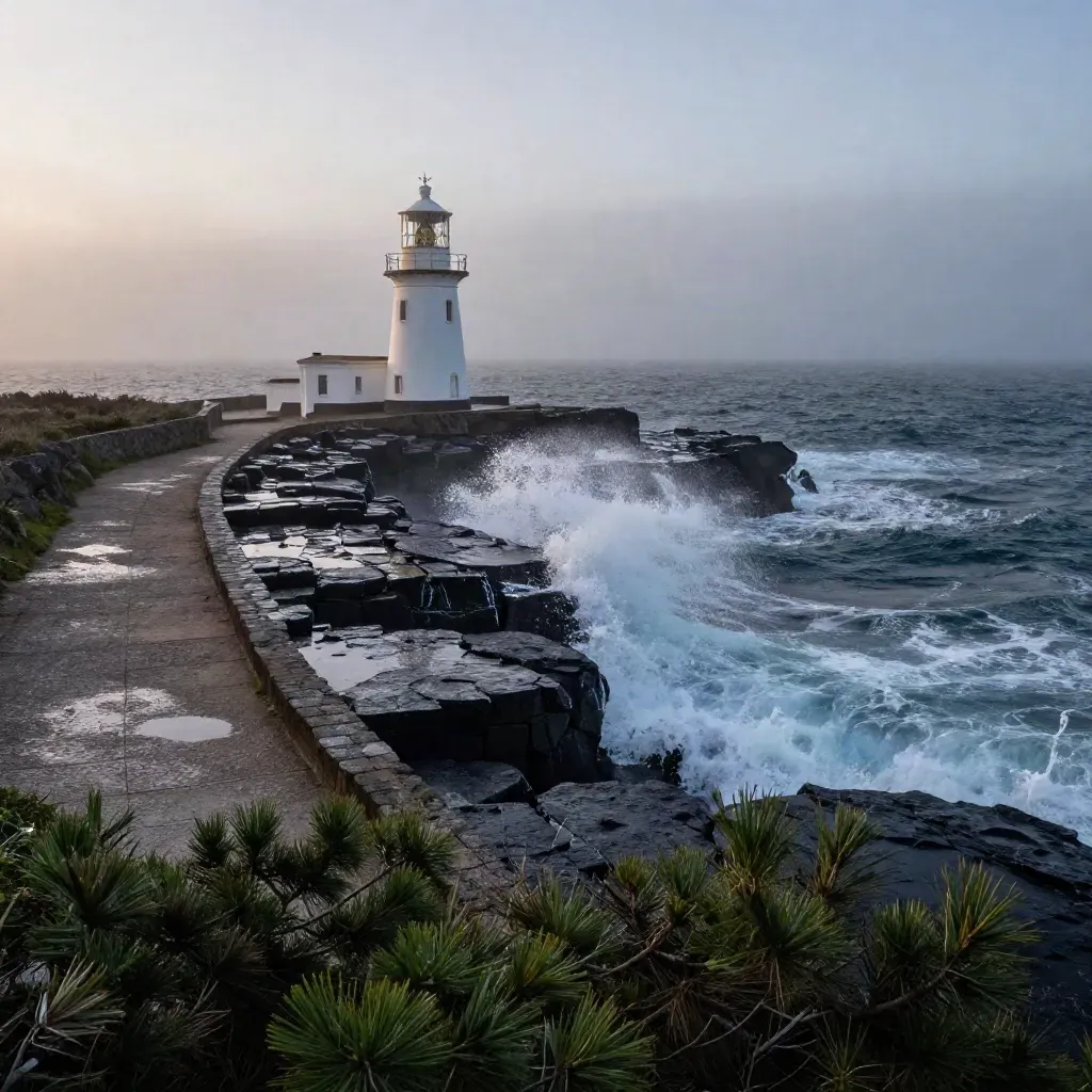 Cliff path, small lighthouse, basalt rocks and foggy sea spray before sunrise.