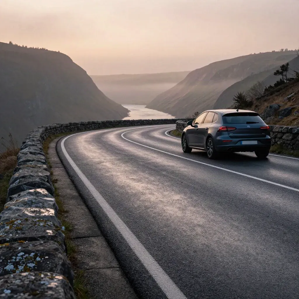 Empty pull-off above a river gorge at dawn, wet road, stone rail, and mist lifting