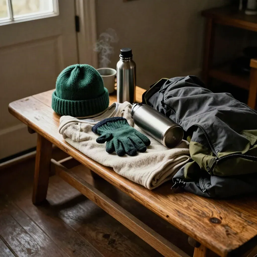 Cabin bench with merino layers, wool hat, gloves, bottle and shell jacket by a steaming door.
