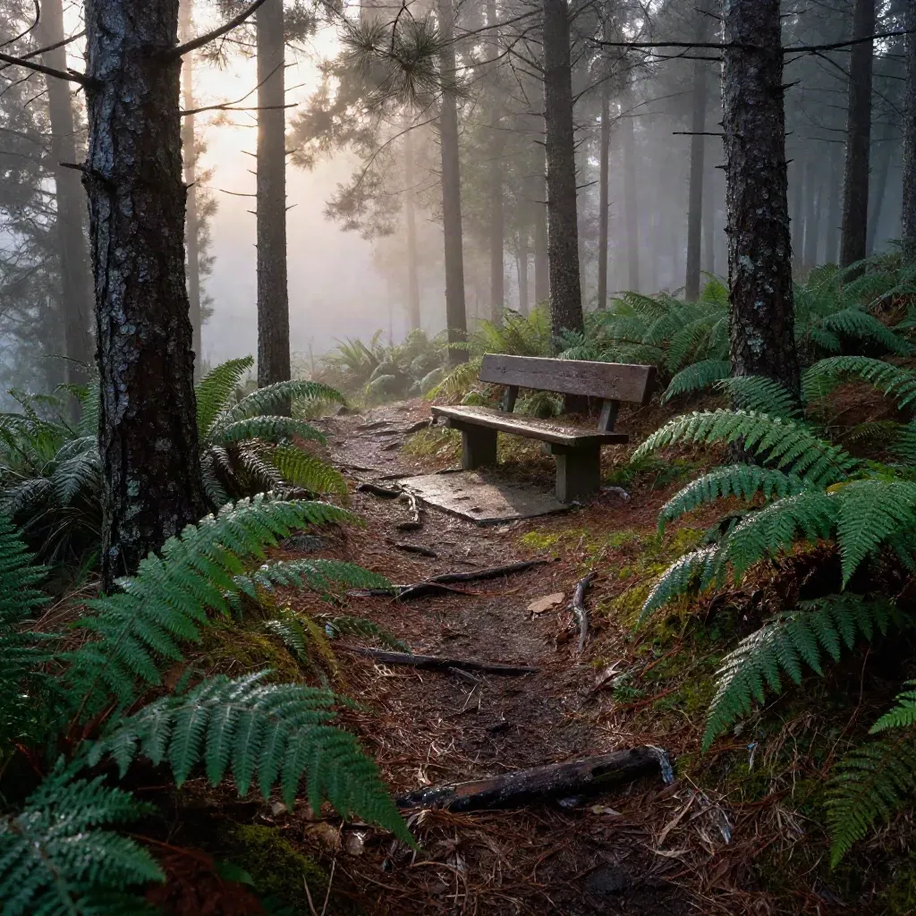Foggy pine forest trail fork with a bench and ferns at sunrise.