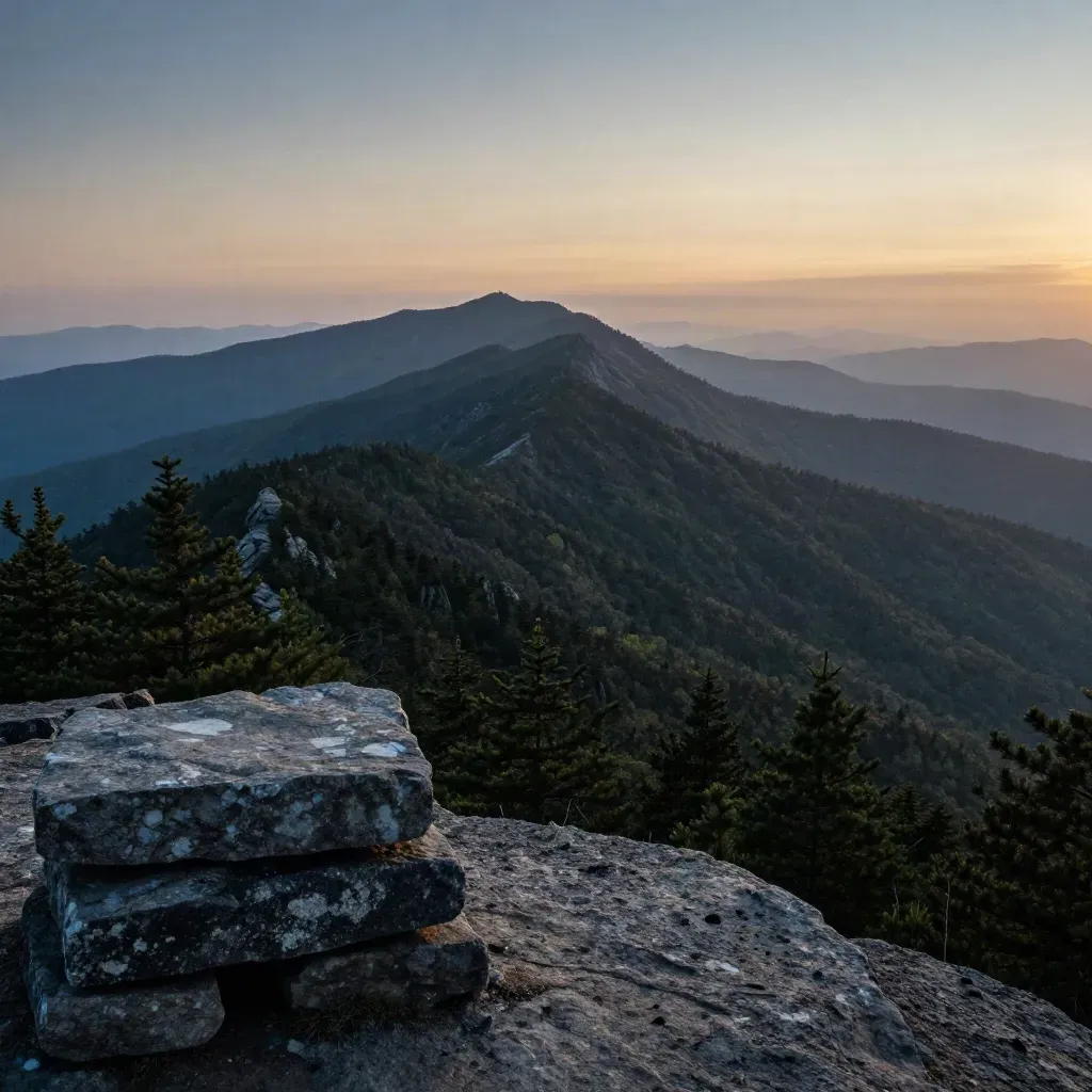 Blue Ridge overlook with stone rail, layered ridges, and first sunrise light through mist.