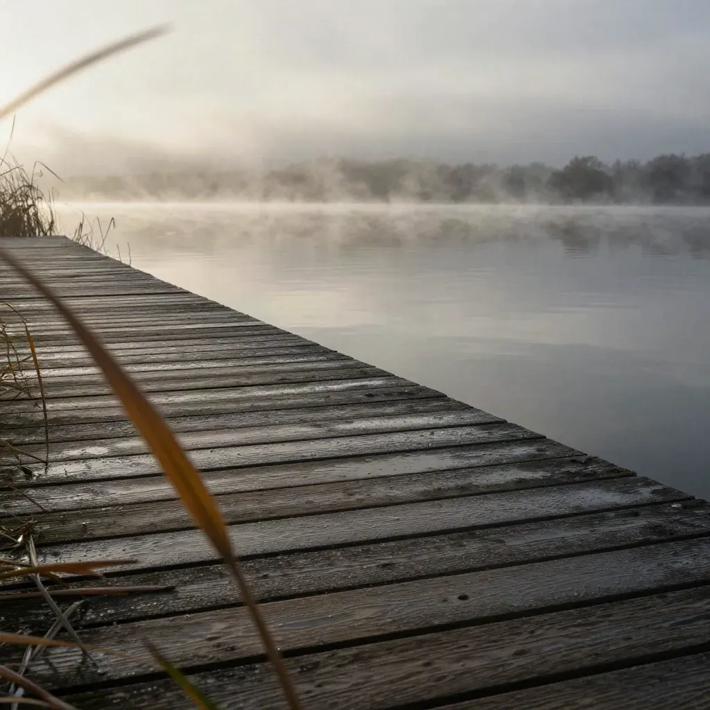 Low boardwalk by a misty lake at dawn with reeds and a cloud bank sliding over water.