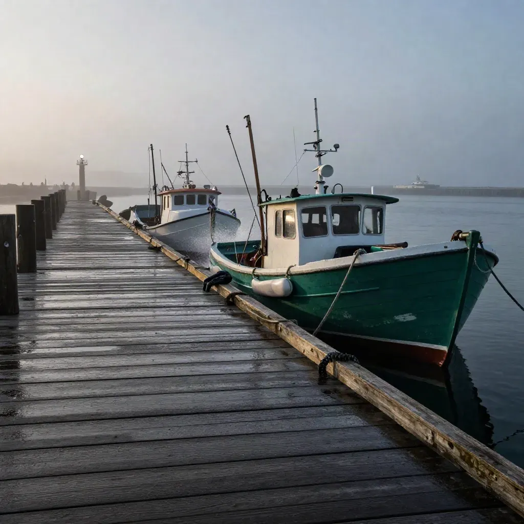 Foggy harbor pier with fishing boats, wet planks, and ferry light at dawn.