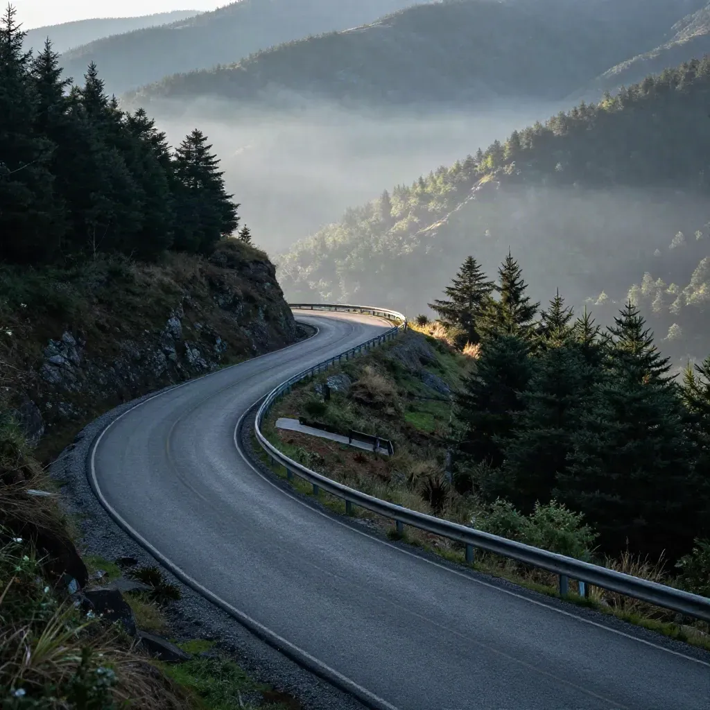 Blue Ridge road curves above foggy valleys as first light hits pine slopes.
