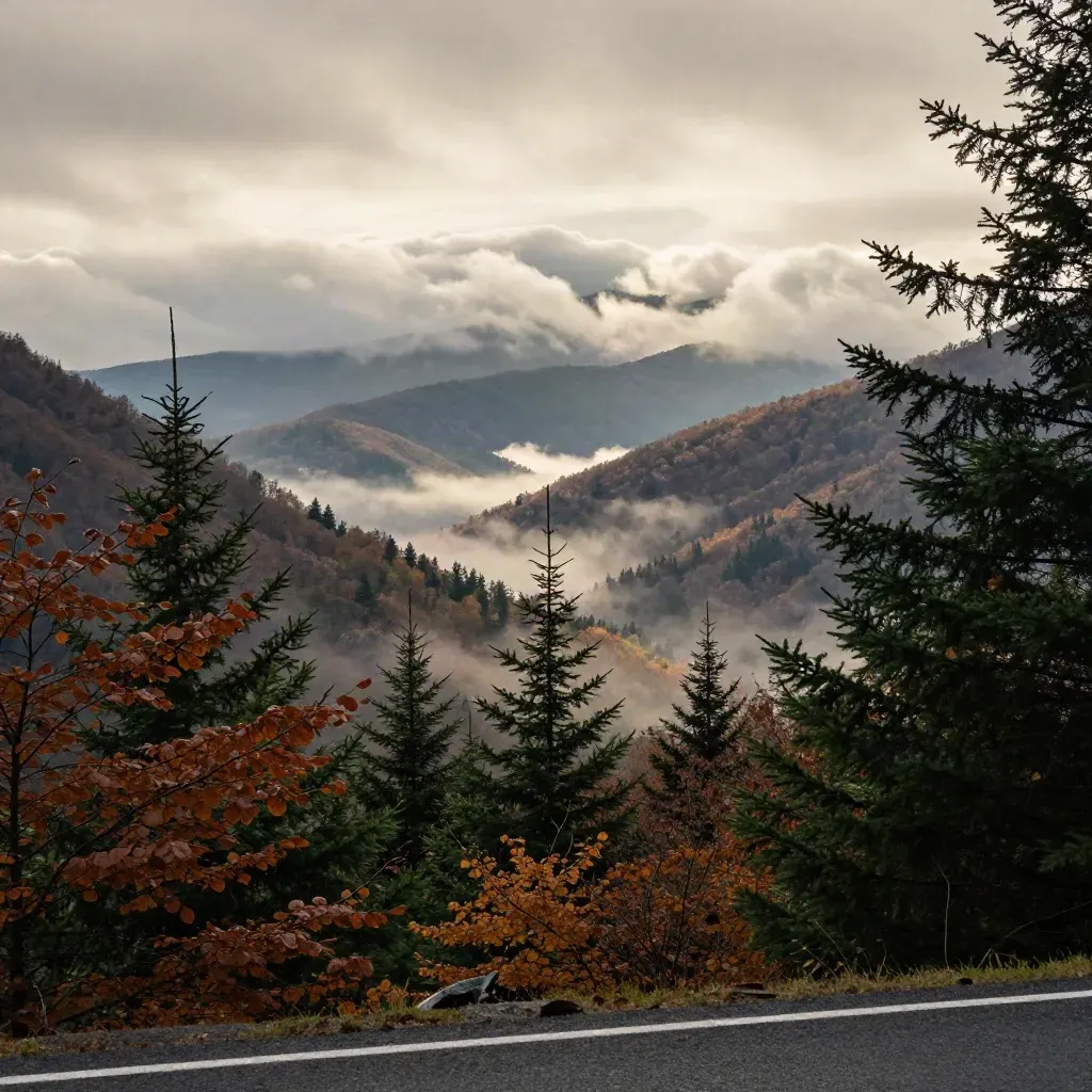 Misty Great Smoky Mountains overlook as clouds lift above spruce ridges and roadside leaves.
