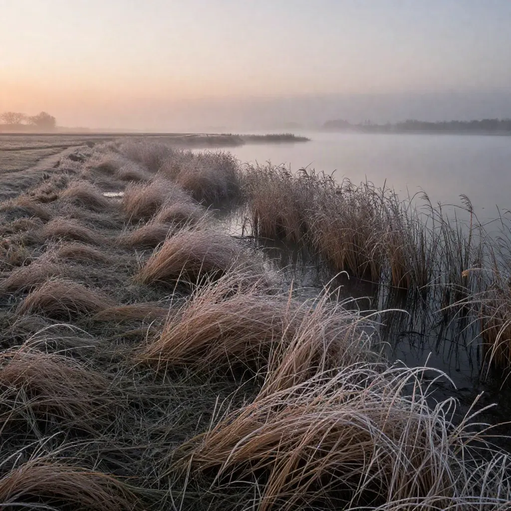 Frosted Hokkaido lake edge at dawn with reeds, mist, and distant farm lanes.