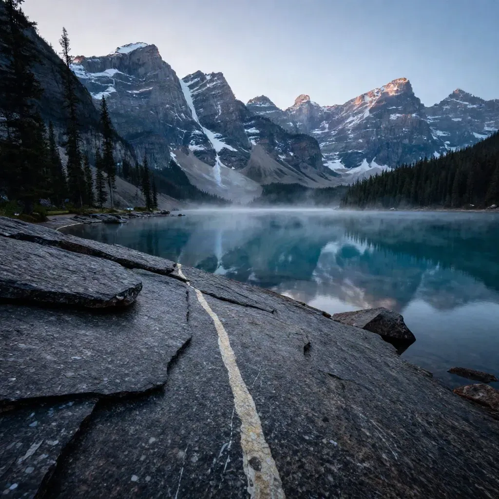Low shoreline view of Moraine Lake at dawn with turquoise water, pines, mist, and glowing peaks.