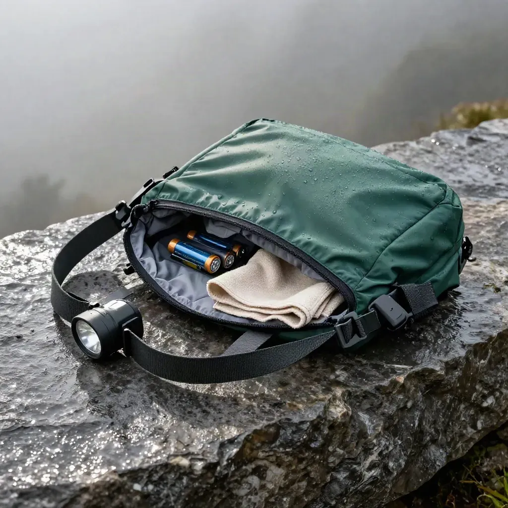 Rain-speckled shoulder bag on stone with batteries, cloth, and headlamp, top-down diagonal view.