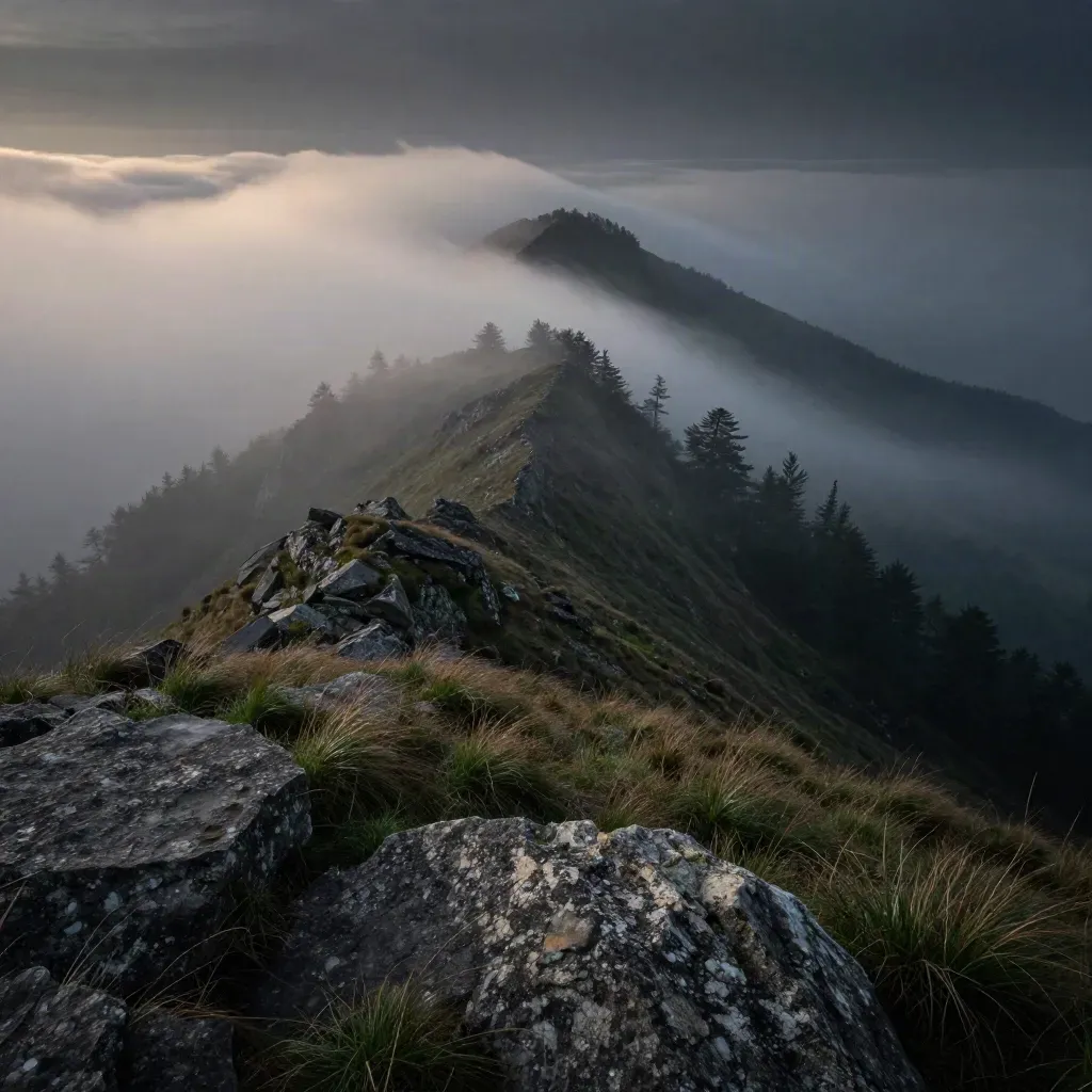 Fog bank lifting over a ridge saddle, revealing treetops and a narrow valley at dawn.