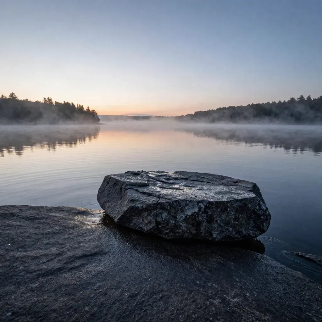 Low lakeside boulder at dawn with mist, still water, and a hazy far shore