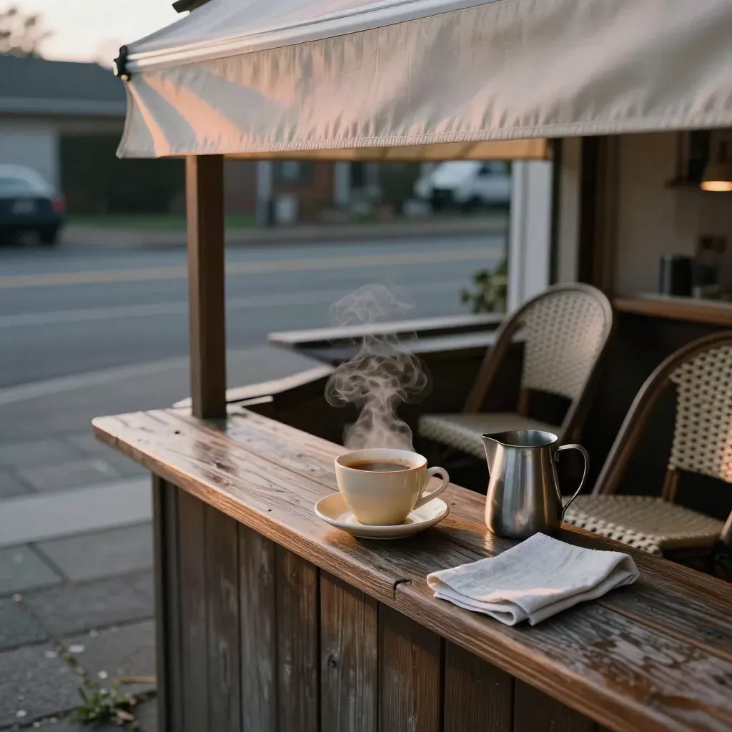 Steam rises from coffee by empty patio chairs at a trailhead cafe.