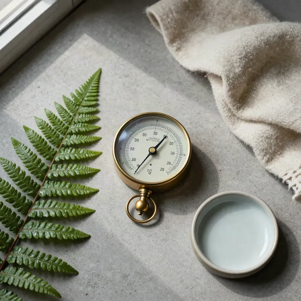 Brass barometer with fern, wool cloth, and ceramic dish on pale concrete in soft light.