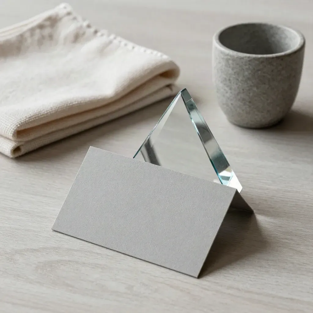 Gray balance card, prism, cloth and stone cup on pale wood in soft window light