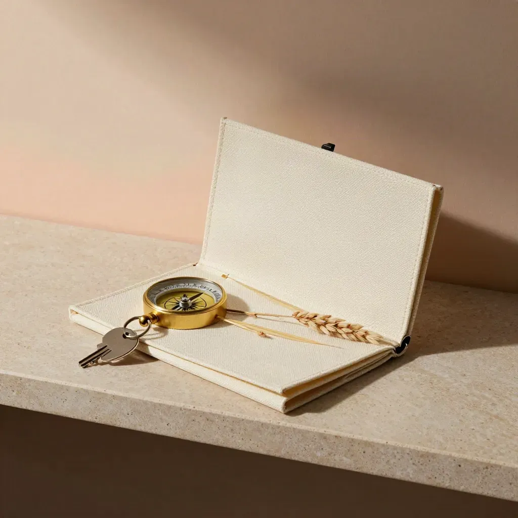 Top-down still life of a cream route map case, brass compass, key ring and dried grass on stone.