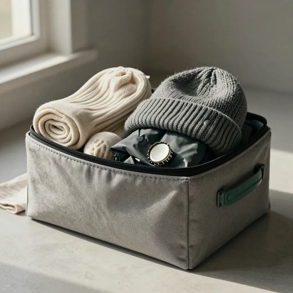 Packing cube with socks, beanie, rain shell and bottle cap on a stone tray.